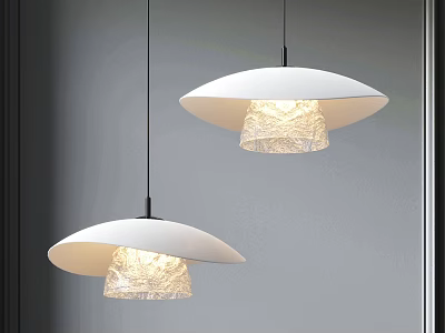Two Modern White Pendant Lights With Transparent Textured Shades Illuminated In Interior 3d model