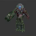 Futuristic Sci Fi Character Wearing Mechanical Armored Suit With Helmet And Cybernetic Gear
