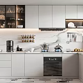 Modern Kitchen Interior With White Cabinets Marble Countertop Built-in Appliances Shelves Lighting And Tiled Floor