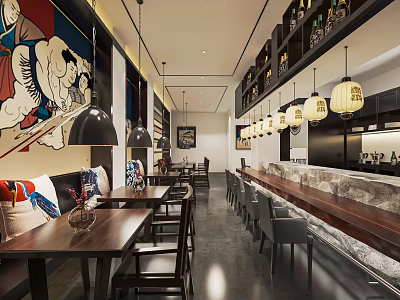Modern Japanese Restaurant Interior With Ukiyo-e Paintings Lantern-shaped Pendant Lights Wine Racks And Bar Counter 3d model