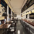 Modern Japanese Restaurant Interior With Ukiyo-e Paintings Lantern-shaped Pendant Lights Wine Racks And Bar Counter
