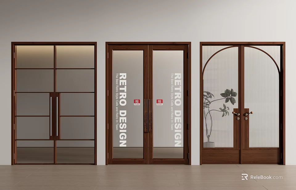 Retro Design Wooden Double Doors With Glass Panels And Indoor Plant Decor 3d model 