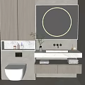 Modern Bathroom Vanity With Round Backlit Mirror Marble Countertop Wooden Cabinets And Potted Plant