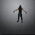 Man In Black Ninja Costume With Arms Outstretched On Gray Background