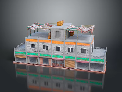 Multi Storey Building With Colorful Green Orange Exterior Walls Roof Awnings And Windows 3d model