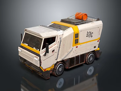 White And Yellow ABCO Truck With Orange Barrel On Top And Worn Exterior 3d model