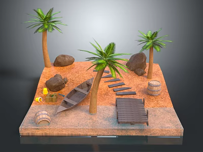 Cartoon Beach Scene With Palm Trees Rocks Small Boat Wooden Dock And Barrels 3d model
