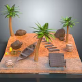 Cartoon Beach Scene With Palm Trees Rocks Small Boat Wooden Dock And Barrels