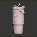 Pink Insulated Thermal Mug With Cartoon Pattern Straw And Lid Design
