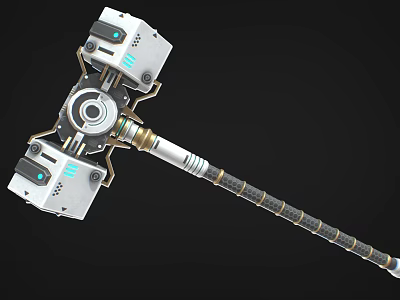Futuristic Tech Weapon Mechanical Hammer With White Black Metal Structure And Blue Lights 3d model