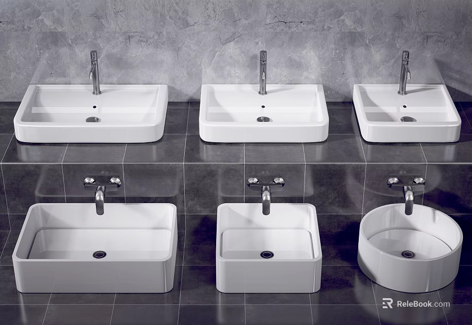 Different Shaped White Washbasins Displayed On Dark Tiled Wall With Faucets 3d model