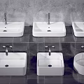 Different Shaped White Washbasins Displayed On Dark Tiled Wall With Faucets 3d model