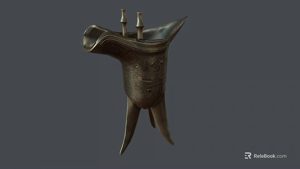 Ancient Bronze Cup with Intricate Carvings Three Legged Design and Pillar Ornaments on Top 3d model 
