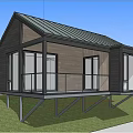 Modern Wooden Cabin With Black Roof Large Windows And Balcony Surrounded By Green Trees