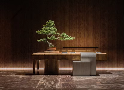 New Chinese-style Liyang Marriott Decorative Tea Table and Chair Pine Potted Plant 3d model