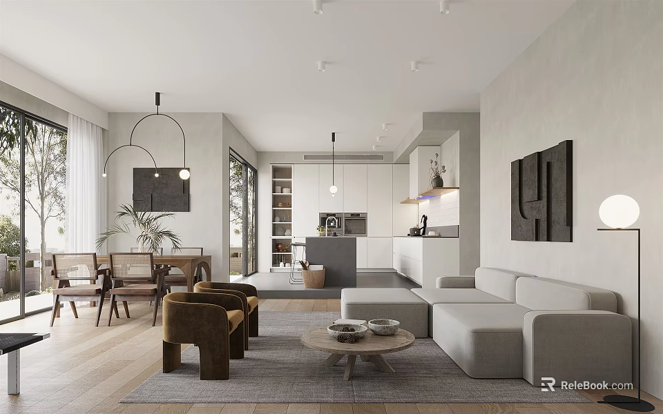 Modern Apartment Interior With Open Living Kitchen Layout Sofa Coffee Table And Pendant Lights 3d model 