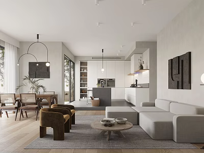 Modern Apartment Interior With Open Living Kitchen Layout Sofa Coffee Table And Pendant Lights 3d model
