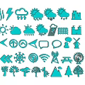 Various Blue Icons Collection Featuring Weather Nature and Recreation Symbols