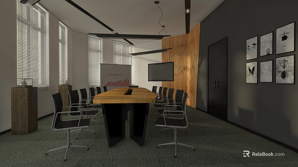 Modern Conference Room With Long Wooden Table Black Chairs Projection Screen TV And Wooden Wall 3d model 