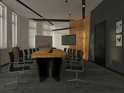 Modern Conference Room With Long Wooden Table Black Chairs Projection Screen TV And Wooden Wall 3d model