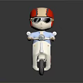 Cartoon Character Riding White Scooter With Red Orange Helmet Sunglasses White Shirt Blue Pants