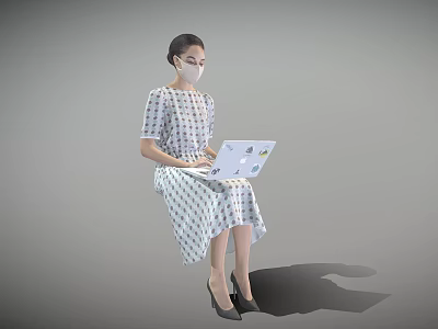 Woman Sitting And Using Laptop In Plaid Dress Wearing Mask With Stickers On Laptop 3d model
