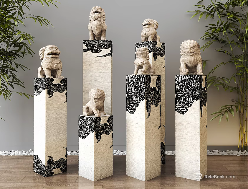 Traditional Decorative Stone Pillars With Stone Lions And Intricate Cloud Patterns 3d model 