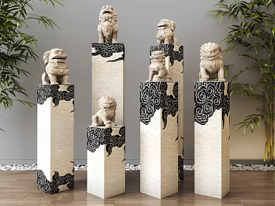 Traditional Decorative Stone Pillars With Stone Lions And Intricate Cloud Patterns 3d model