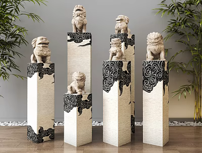 Traditional Decorative Stone Pillars With Stone Lions And Intricate Cloud Patterns 3d model