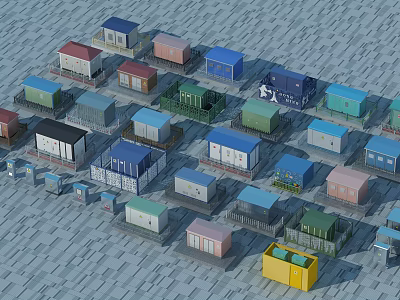 Colorful Small Container Buildings With Varied Colors Arranged On Gray Surface 3d model