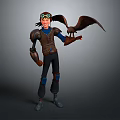 Game And Movie Character With Goggles Mechanical Arm Holding Eagle In Brown Vest Blue Shirt