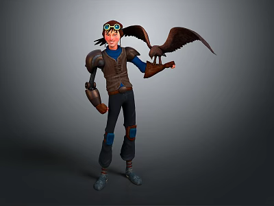 Game And Movie Character With Goggles Mechanical Arm Holding Eagle In Brown Vest Blue Shirt 3d model
