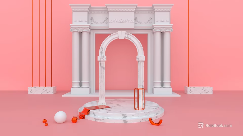 Elegant White Marble Archway On Pink Background With Circular Platform And Orange Decor 3d model 
