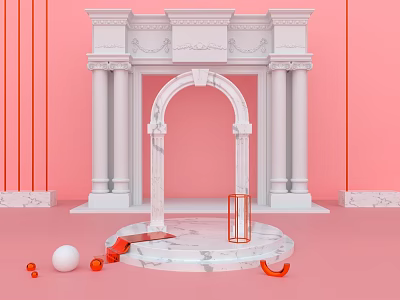 Elegant White Marble Archway On Pink Background With Circular Platform And Orange Decor 3d model