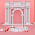 Elegant White Marble Archway On Pink Background With Circular Platform And Orange Decor