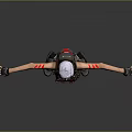 Woman With White Short Hair In Tactical Vest Red Black Outfit Standing Arms Outstretched
