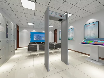 Modern Service Hall Interior With Security Gate Lockers Waiting Chairs And Information 3d model