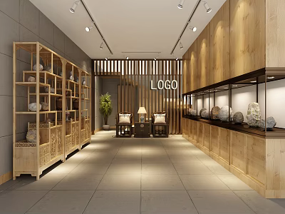 Elegant Shopping Mall Store Interior With Wooden Display Shelves And Logo Sign 3d model