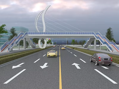 Modern White Arched Bridge Over Highway With Vehicles Trees Transparent Railing And Cloudy Sky 3d model