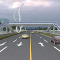 Modern White Arched Bridge Over Highway With Vehicles Trees Transparent Railing And Cloudy Sky