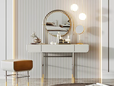Modern Dressing Table With Round Mirror Striped Wall Stool Golden Lighting And Decor 3d model