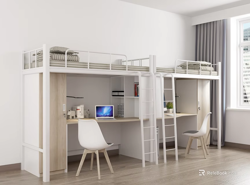 Modern School Dormitory Interior With Bunk Beds Study Desks Computer And Chairs 3d model