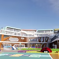 Modern Kindergarten With Colorful Building Playground Green Lawn And Blue Whale Sculptures