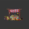 Colorful Fruit Stall With Pink White Striped Awning Wooden Frame Fresh Fruits And Stone Pavement