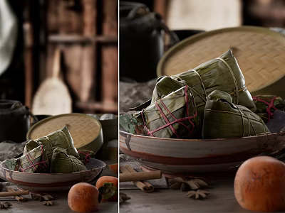Traditional Chinese Zongzi Wrapped In Fresh Bamboo Leaves Served In Ceramic Bowl With Spices 3d model