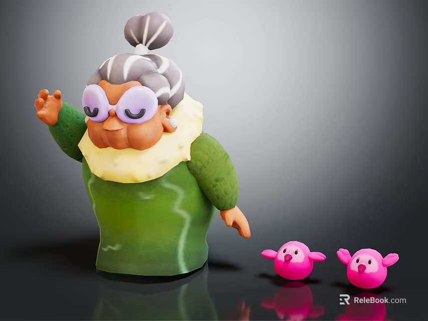 Elderly Woman Figure In Green Outfit With Purple Glasses And Pink Creatures 3d model 
