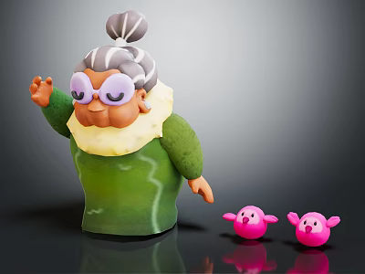Elderly Woman Figure In Green Outfit With Purple Glasses And Pink Creatures 3d model