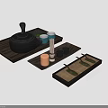 Stylish Tea Serving Set With Wooden Trays Black Teapot Blue Cups And Spoons
