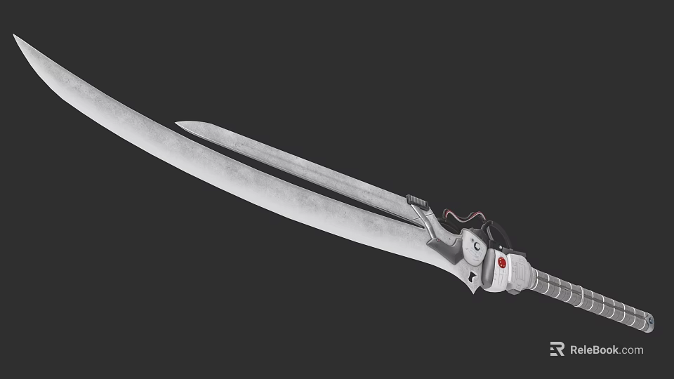 Long Silver Bladed Weapon Featuring Mechanical Handle And Red Accent Design 3d model 