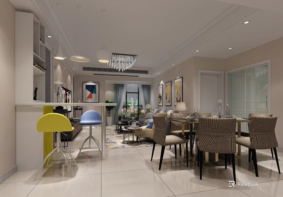 Modern Living And Dining Room Interior With Pendant Lights Woven Chairs Sofa And Framed Paintings 3d model 